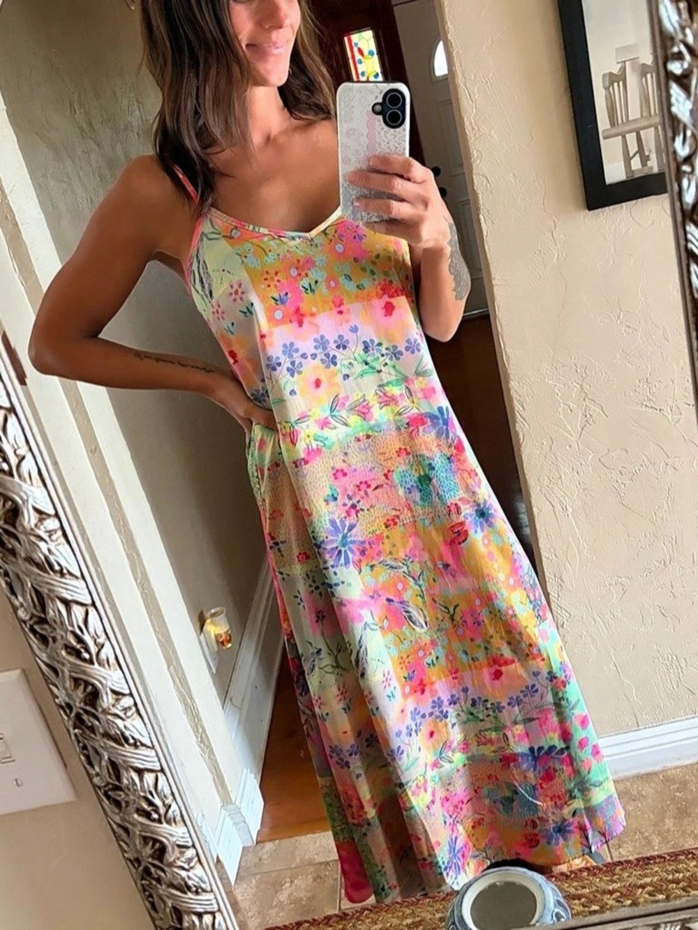 NWOT Natural Life Floral Patchwork Gracie Slip Dress in Pink & Green Size XS